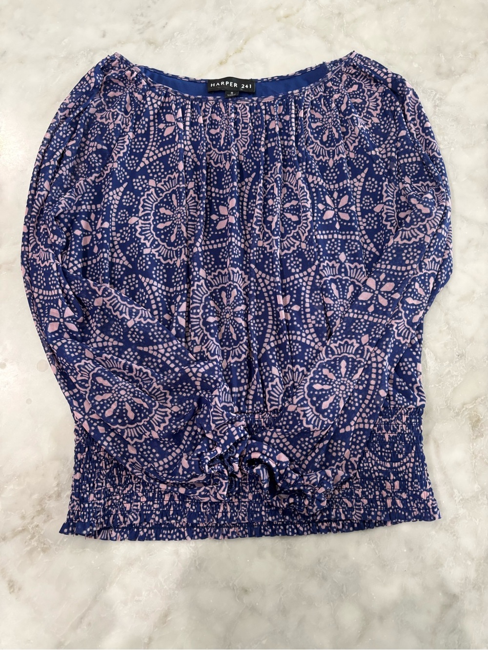 Harper 241 Navy Pink Floral Printed Blouse Smocked Hem Top Women Small KT029